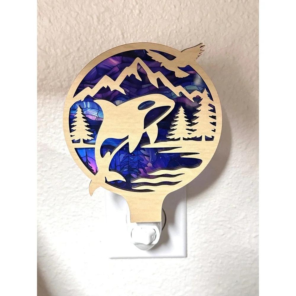 Orca Whale Night Light‎ Wood Pacific Northwest Mountain Scene Handcrafted